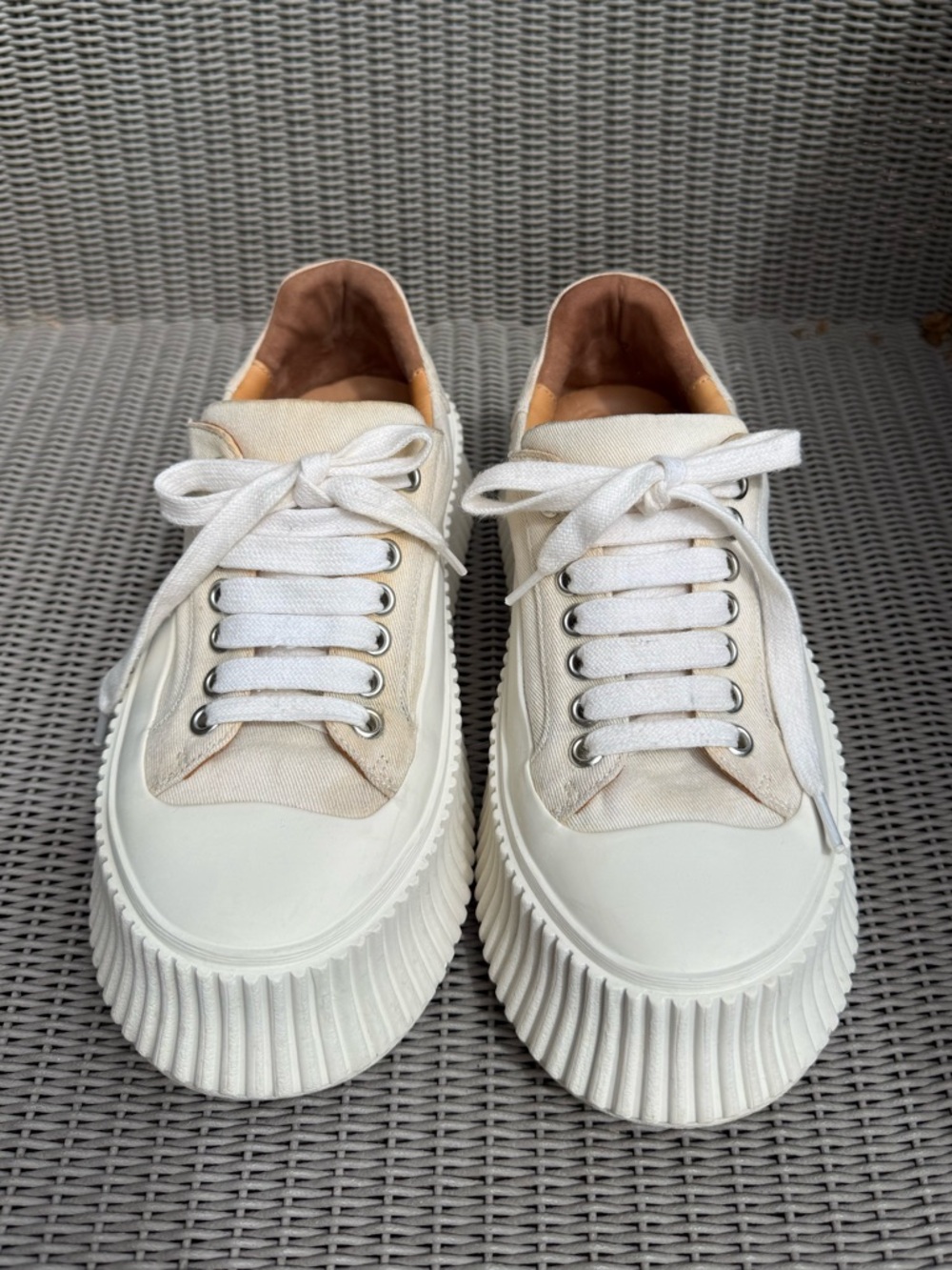 Jil Sander Platform Sneakers – Canvas & Leather – Off-White – Size 36